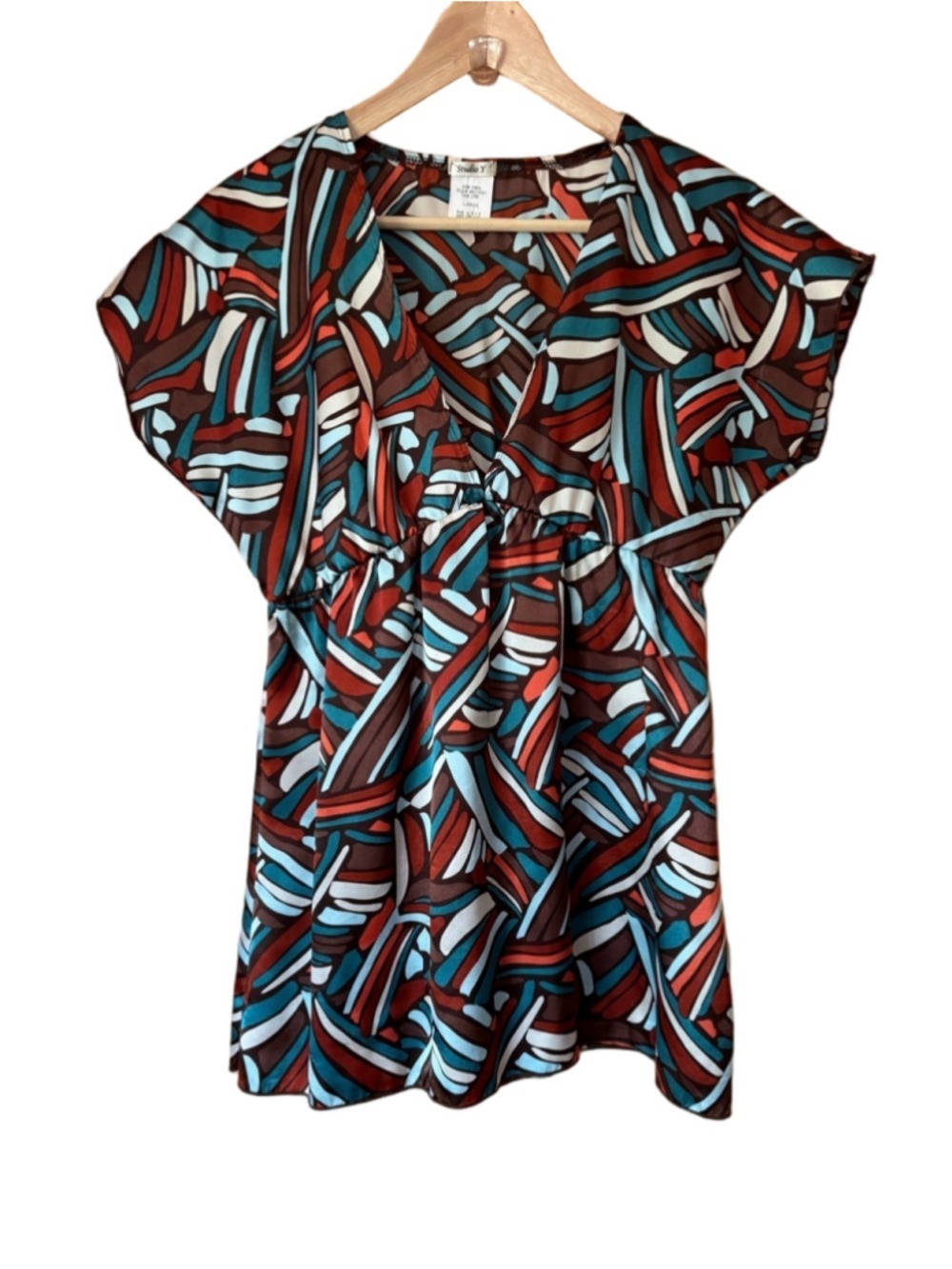 Vintage Studio Y Abstract Print Deep V-Neck Top in Brown & Teal size large